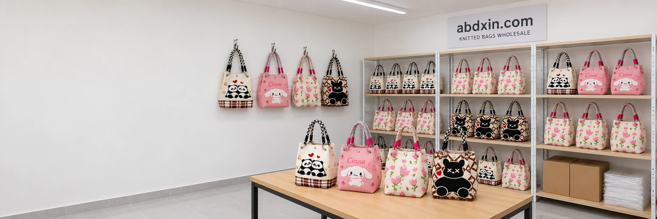 AI-generated ordinary knitted bag sample room with abdxin.com on a simple wall sign, bags on regular shelves and a sample table