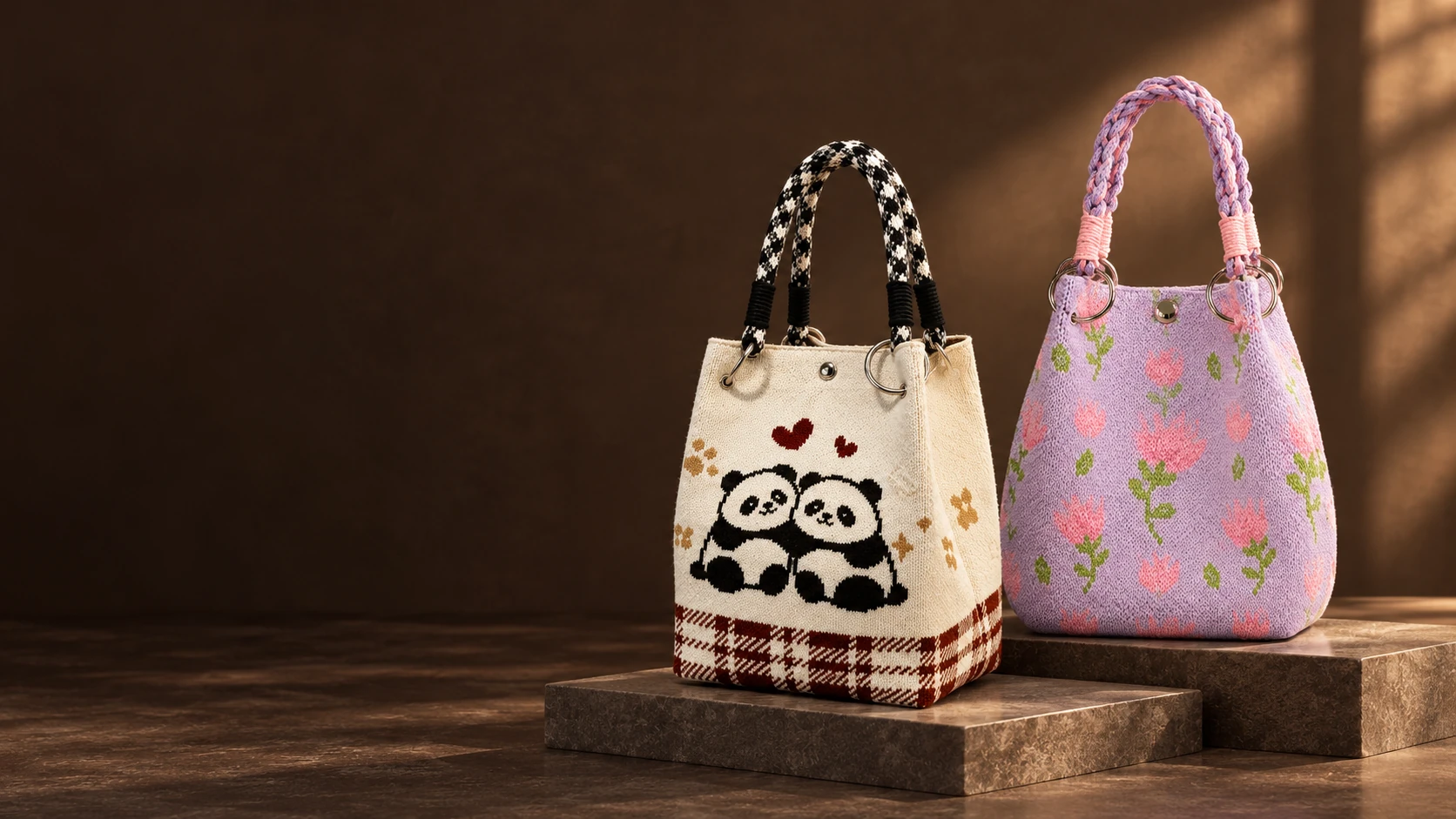 AI-styled campaign scene with the Panda Pair and Lavender Tulips knitted bags in a warmly lit atelier