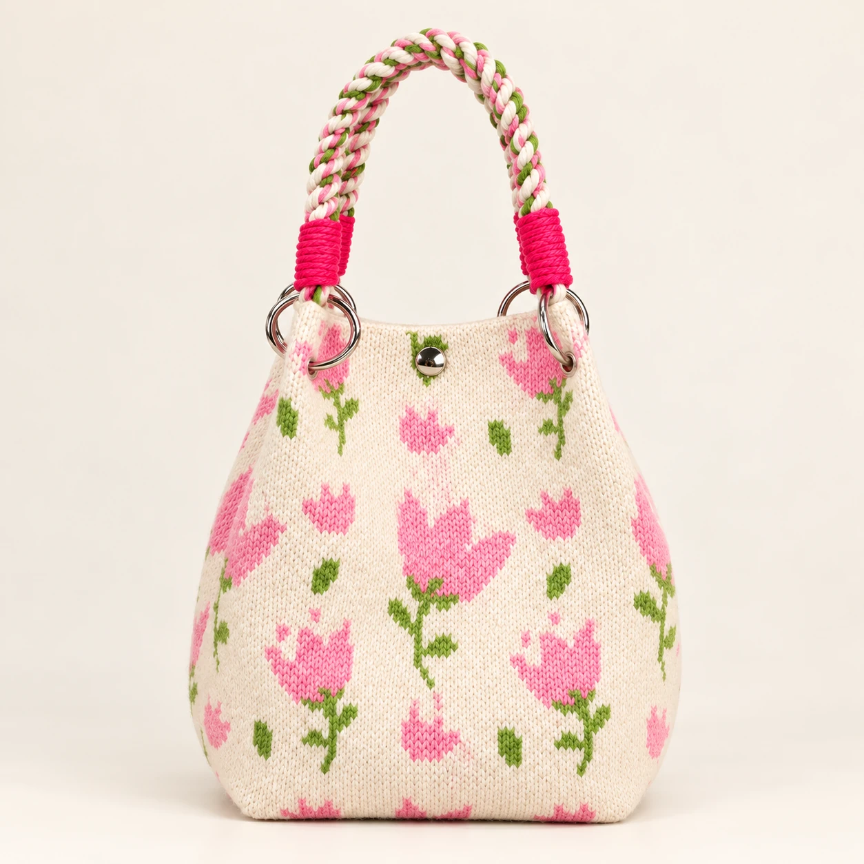 Ivory Tulip Sprigs Knit Bag — AI-enhanced product image