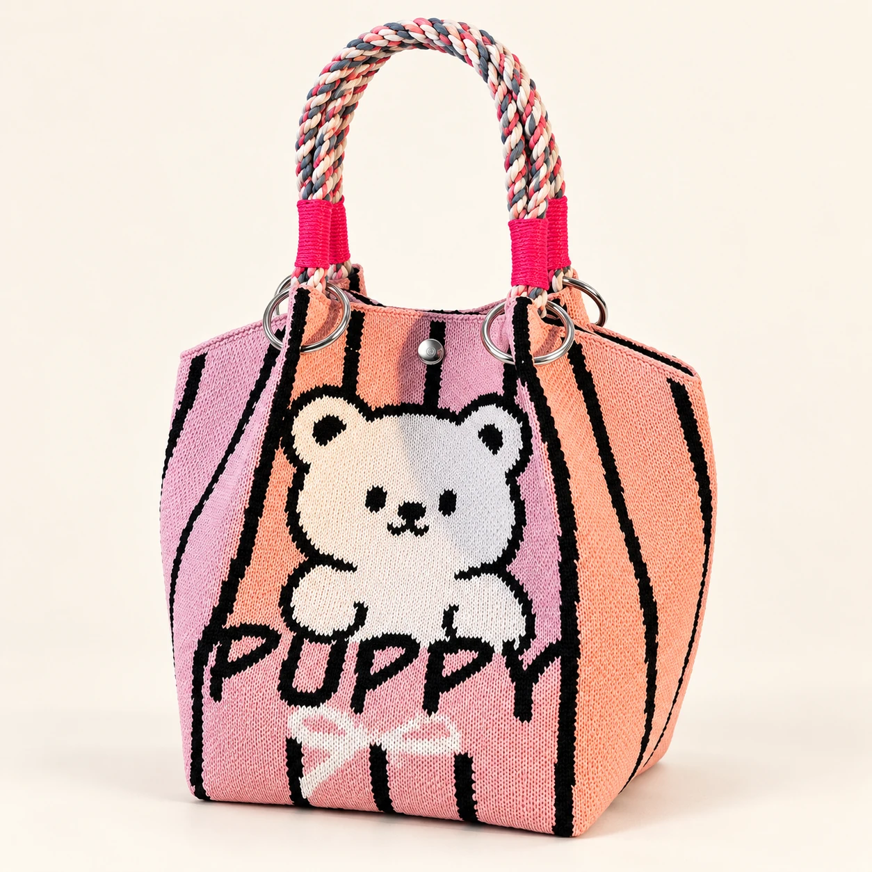 Peach Stripe Puppy Knit Bag — AI-enhanced product image