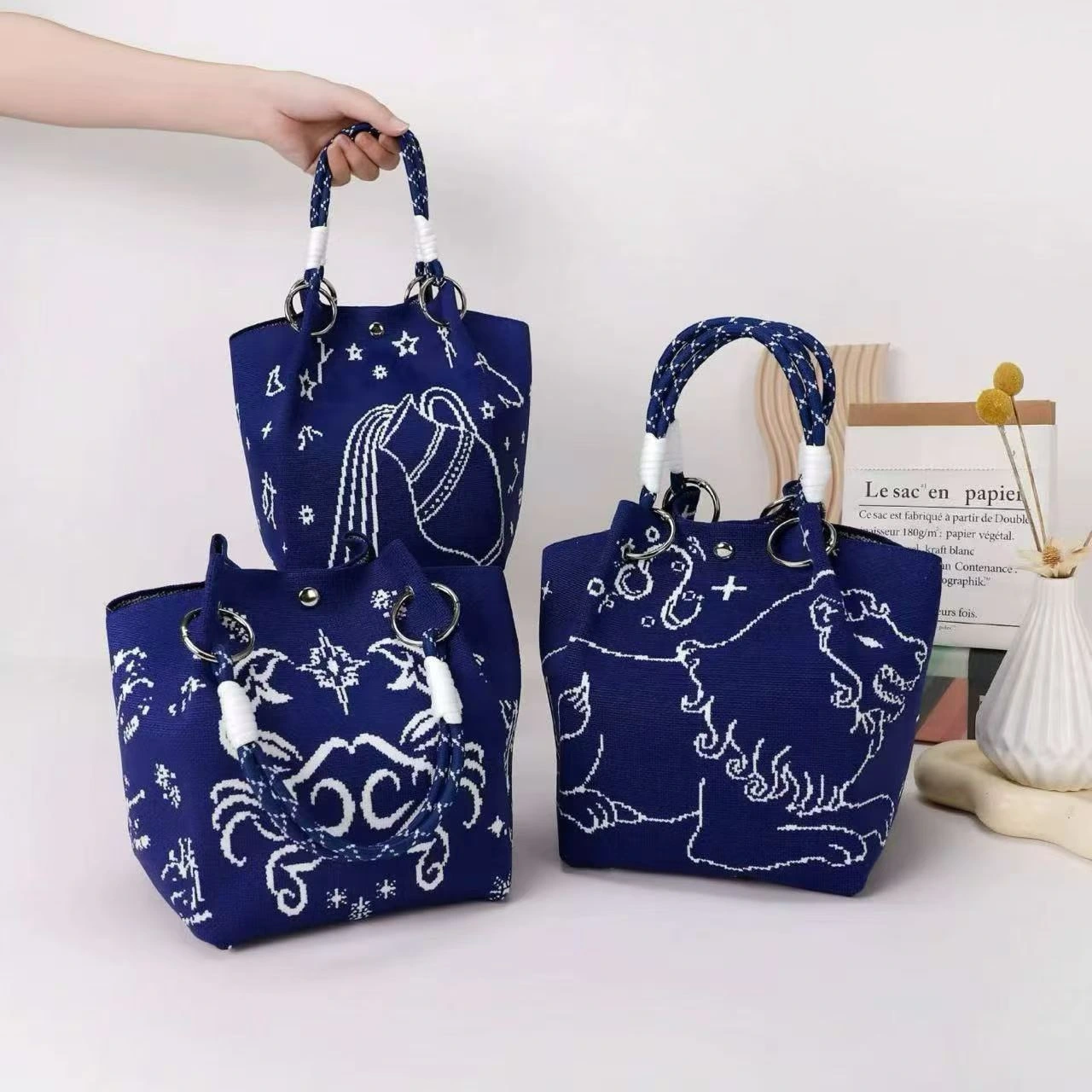 Midnight Zodiac Knit Bag Series — supplied photo: Aquarius, Cancer & Taurus
