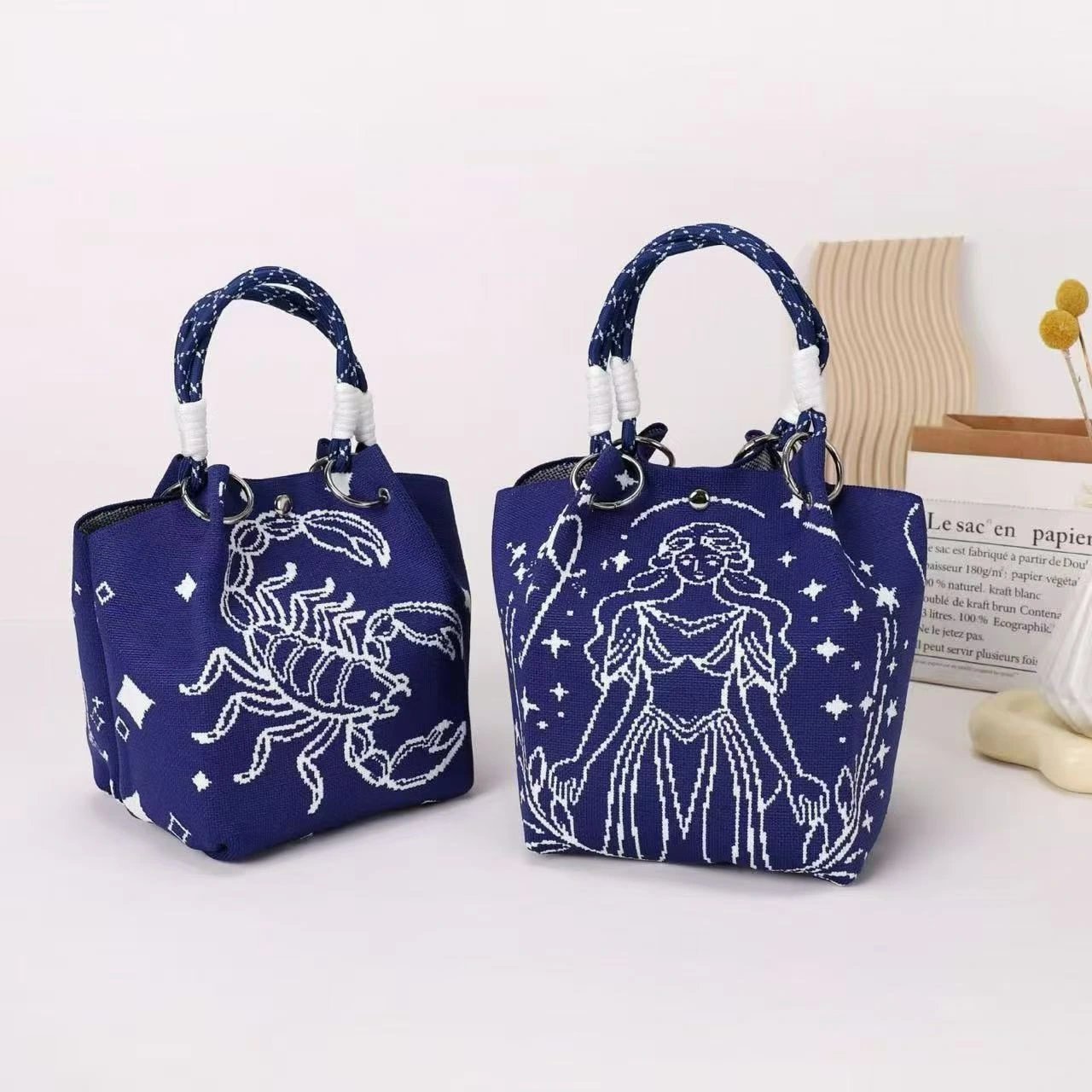 Midnight Zodiac Knit Bag Series — supplied photo: Scorpio & Virgo